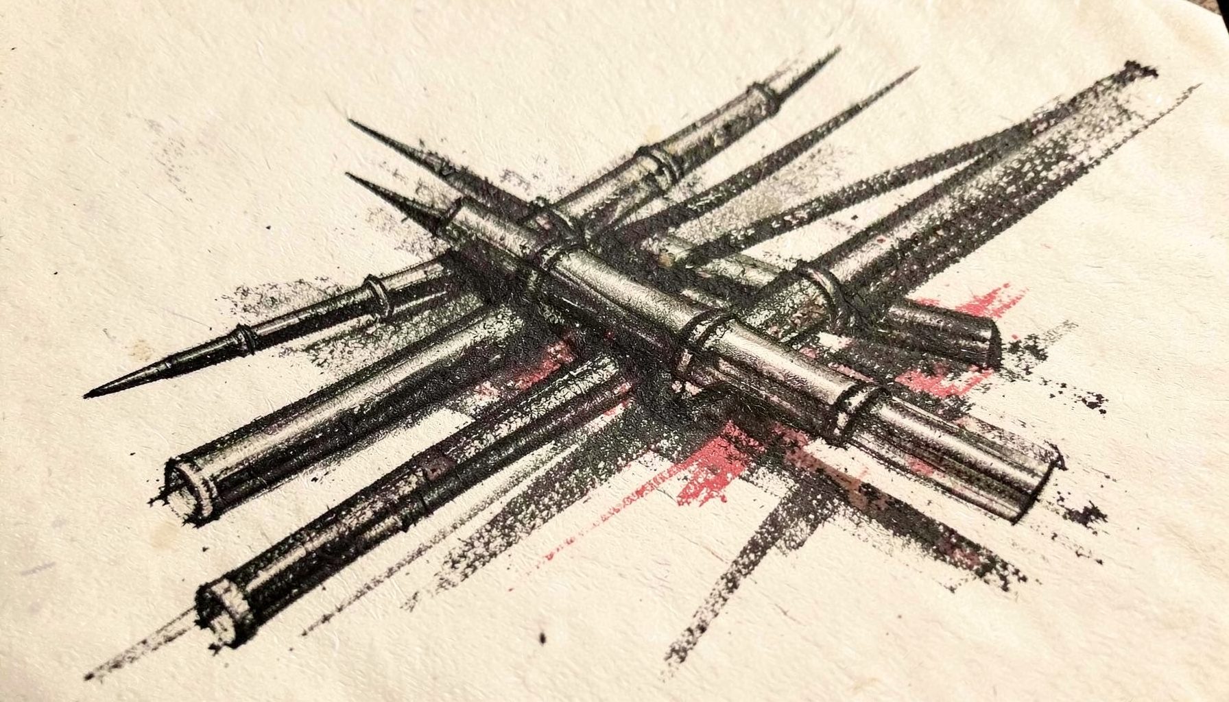 A bold charcoal sketch of bamboo tattooing tools laid across a textured surface, dark strokes on a warm off-white ground.